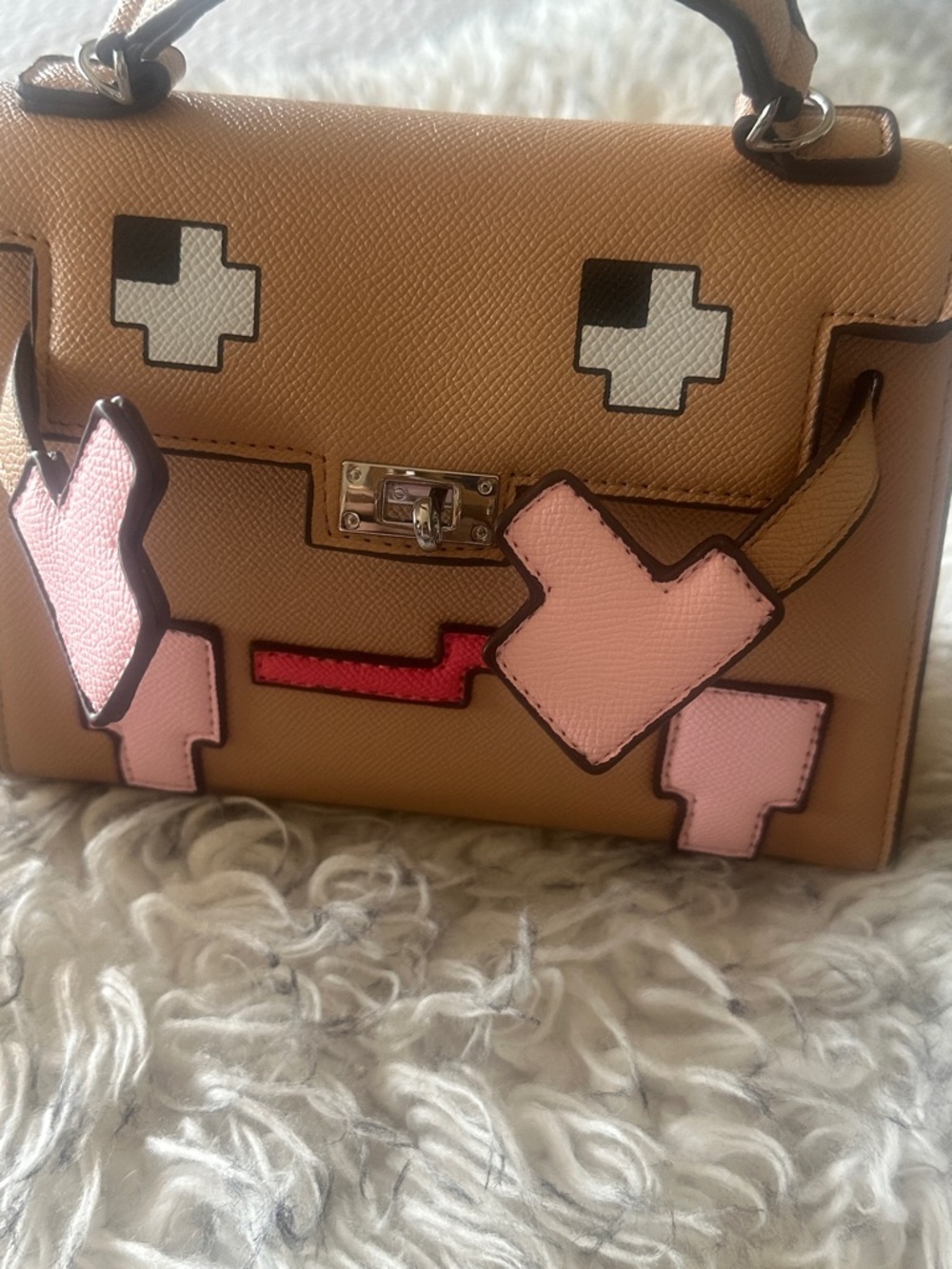 Tan Top-Handle Bag with Pink Patch Accents